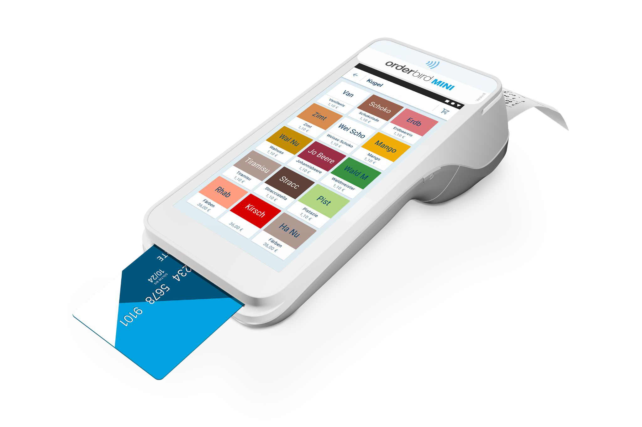orderbird MINI: Handkasse mit Artikeltasten auf dem Display, Bonstreifen und eingesteckter Karte