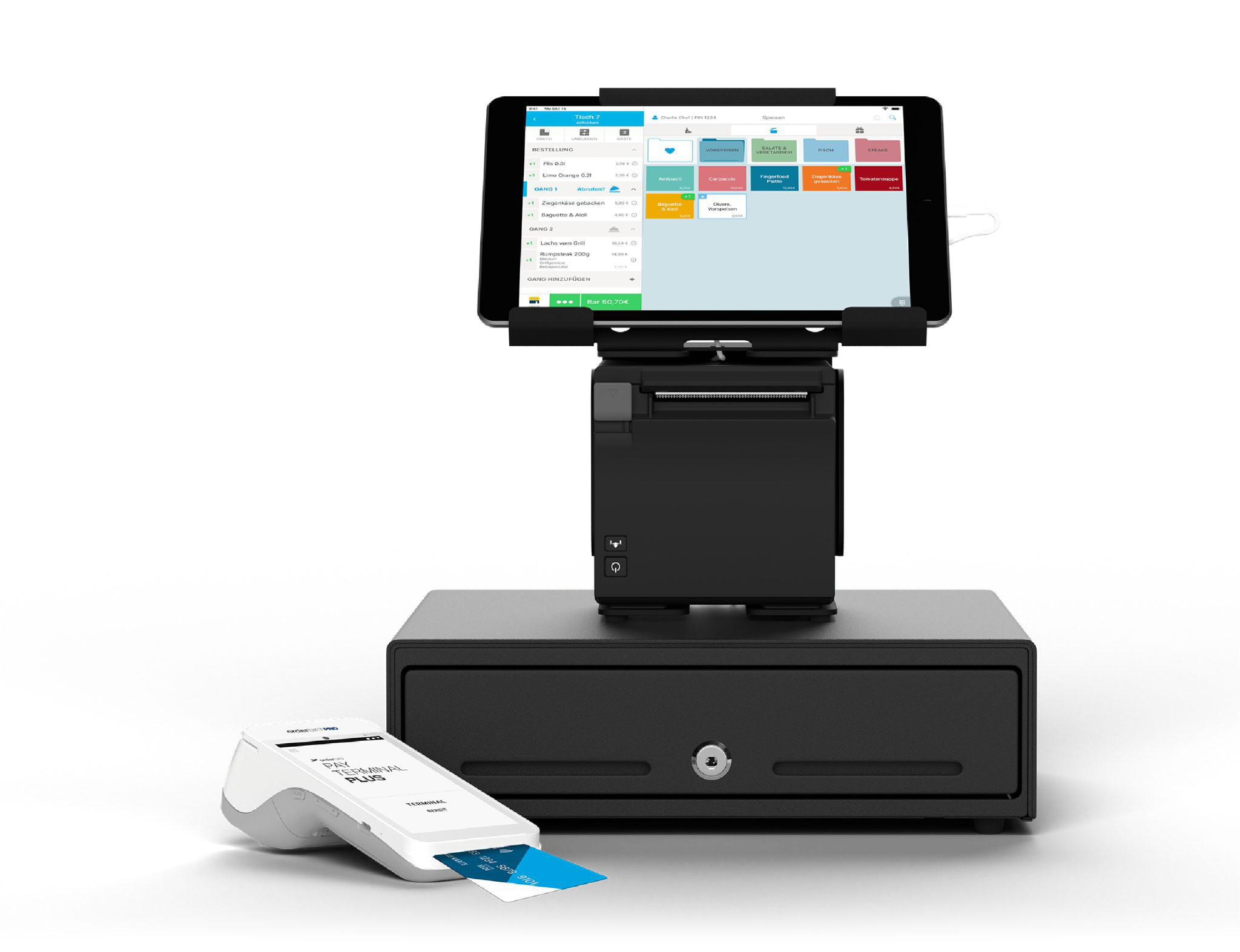orderbird PRO: iPad in der Halterung über dem Bondrucker, daneben das Kartenlesegerät
