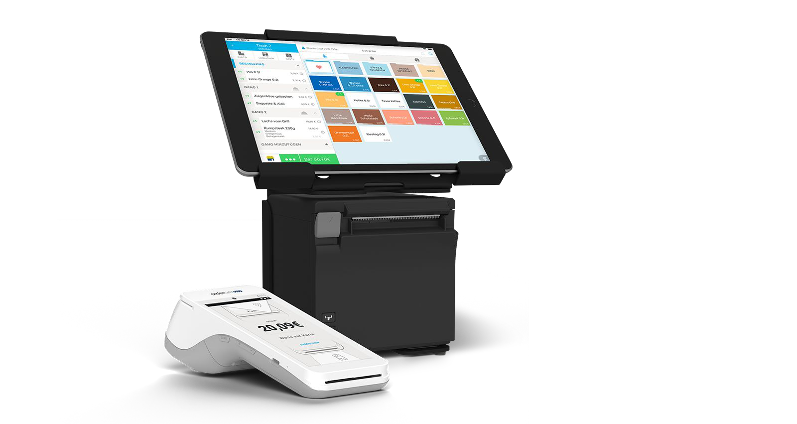 Starterpaket: iPad in der Halterung über dem Bondrucker, davor das Kartenlesegerät